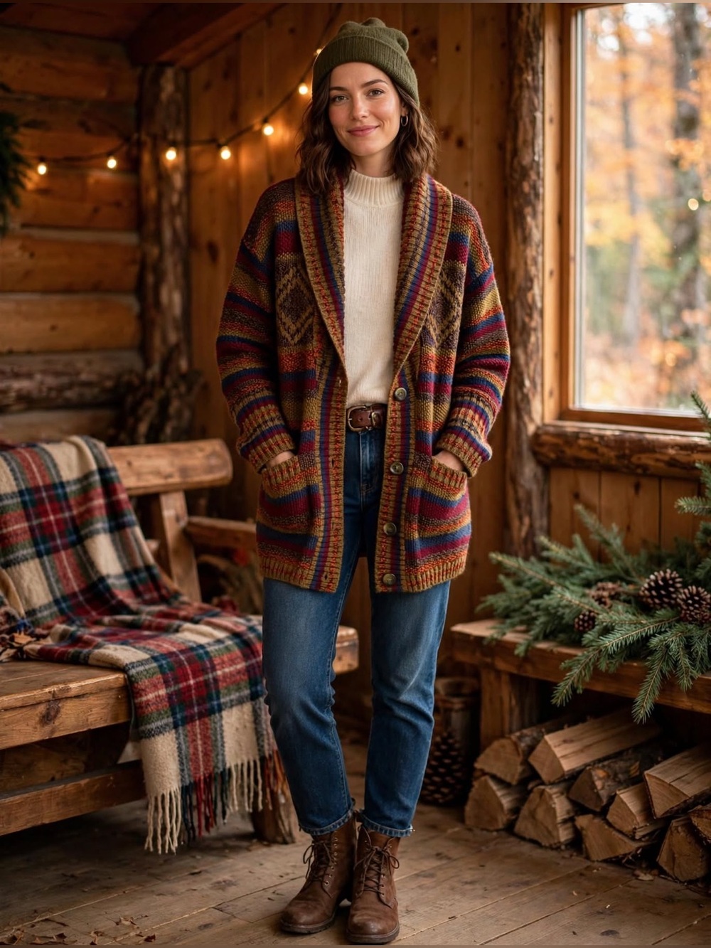 Roberta Frost Hand Knit Wool Cardigan Shawl Collar Striped Chunky Sweater